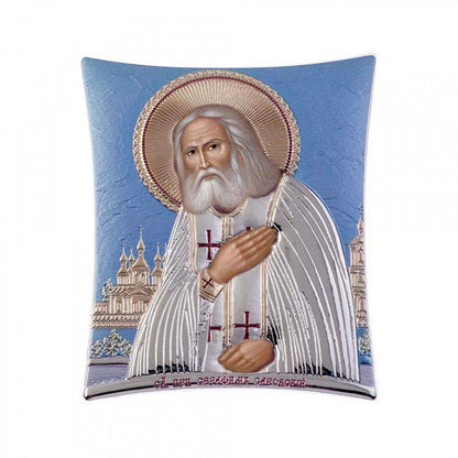 Saint Seraphim icon, Elegant Handmade Silver 925 Greek Orthodox icon, Byzantine art wall hanging on wood plaque icon, religious icon home decor th2 - TheHolyArt
