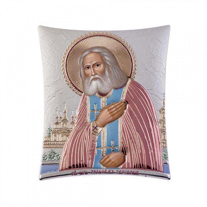 Saint Seraphim icon, Elegant Handmade Silver 925 Greek Orthodox icon, Byzantine art wall hanging on wood plaque icon, religious icon home decor th2 - TheHolyArt