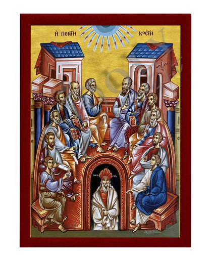 The Pentecost icon, Handmade Greek Orthodox icon of Holy Spirit descending to the Apostles Byzantine art wall hanging religious gift (smooth) - TheHolyArt