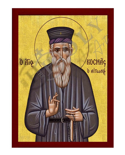 Saint Cosmas icon, Handmade Greek Orthodox icon St Cosmas of Aetolia, Byzantine art wall hanging on wood plaque icon, religious decor (smooth) - TheHolyArt