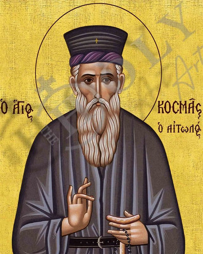 Saint Cosmas icon, Handmade Greek Orthodox icon St Cosmas of Aetolia, Byzantine art wall hanging on wood plaque icon, religious decor (smooth) - TheHolyArt