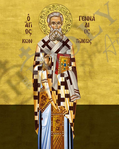 Saint Gennadius icon, Handmade Greek Orthodox Icon of St Gennadius of Constantinopole, Byzantine art wall hanging plaque - TheHolyArt