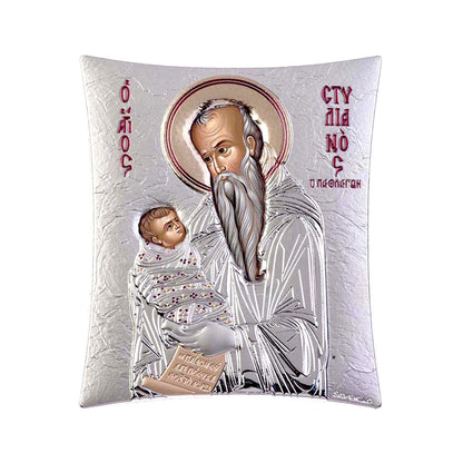 Saint Stylianos, Elegant Handmade Silver 925 Greek Orthodox icon of Saint Stylianos, Byzantine art wall hanging on wood plaque icon, religious con home decor - TheHolyArt