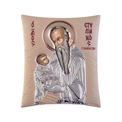 Saint Stylianos, Elegant Handmade Silver 925 Greek Orthodox icon of Saint Stylianos, Byzantine art wall hanging on wood plaque icon, religious con home decor - TheHolyArt