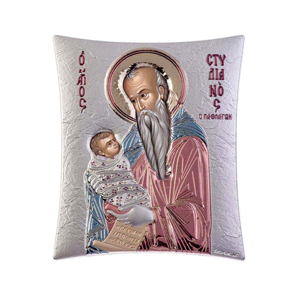 Saint Stylianos, Elegant Handmade Silver 925 Greek Orthodox icon of Saint Stylianos, Byzantine art wall hanging on wood plaque icon, religious con home decor - TheHolyArt