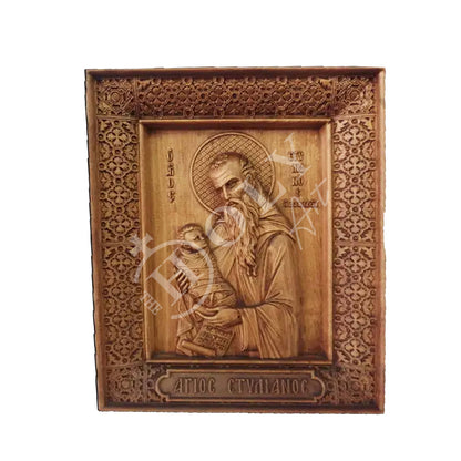 Saint Stylianos icon, Byzantine art wall hanging, Handmade Hand Carved Wooden Greek Orthodox icon wood plaque - TheHolyArt