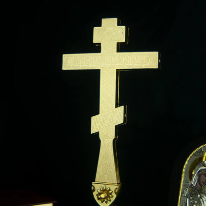 Handmade Orthodox Metal Cross, Jesus Crucifix Religious Prayer Corner Artware, Ceremony Ornate Cross Holding Cross with base - TheHolyArt