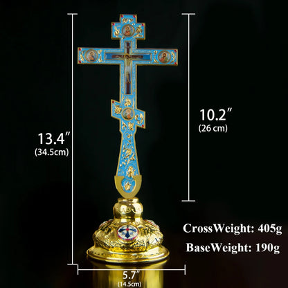 Handmade Orthodox Metal Cross, Jesus Crucifix Religious Prayer Corner Artware, Ceremony Ornate Cross Holding Cross with base - TheHolyArt