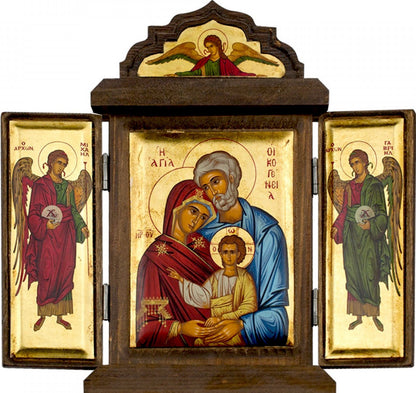 Triptychon Jungfrau Maria Ikone Panagia Axion Esti Erzengel Michael Erzengel Gabriel, handgefertigte griechisch-orthodoxe Ikone aus Silber 999, byzantinische Kunst zum Wandbehang auf Holztafel, religiöse Ikone