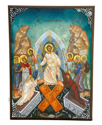 Resurrection Jesus Christ icon, Handmade Greek Orthodox icon, Byzantine art wall hanging of our Lord rising from the dead, religious decor (BM) - TheHolyArt