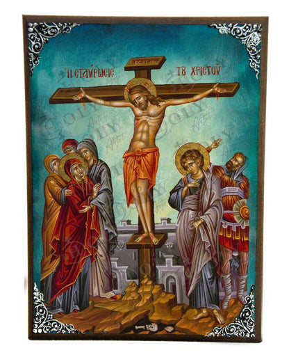 The Crucifixion icon, Jesus Christ Holy Cross Handmade Greek Orthodox icon, Byzantine art wall hanging wood plaque icon, religious gift (BM) - TheHolyArt