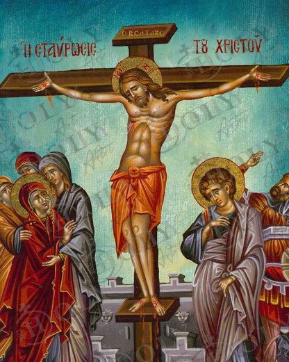 The Crucifixion icon, Jesus Christ Holy Cross Handmade Greek Orthodox icon, Byzantine art wall hanging wood plaque icon, religious gift (BM) - TheHolyArt
