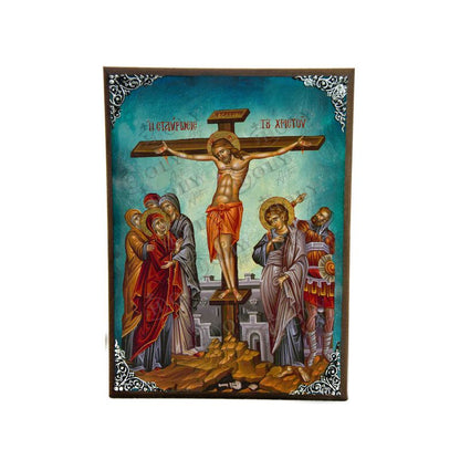 The Crucifixion icon, Jesus Christ Holy Cross Handmade Greek Orthodox icon, Byzantine art wall hanging wood plaque icon, religious gift (BM) - TheHolyArt