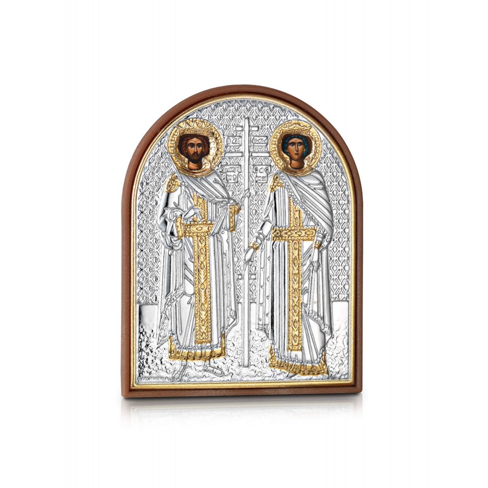Saints Constantine & Helen miniature sterling silver 925 Orthodox icon, gold-plated Byzantine, handmade in Greece