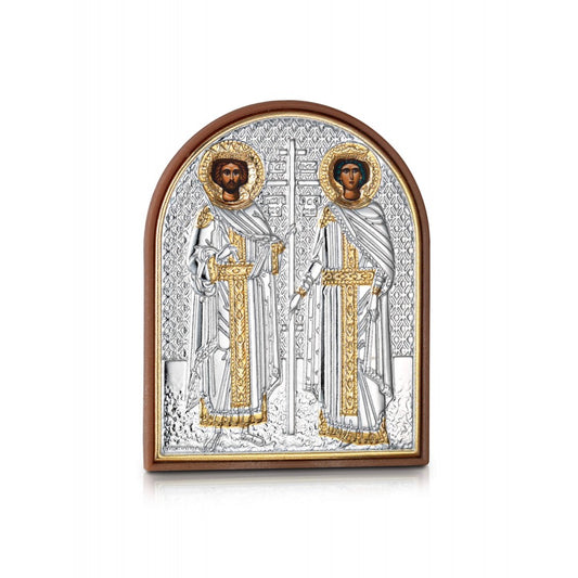 Saints Constantine & Helen miniature sterling silver 925 Orthodox icon, gold-plated Byzantine, handmade in Greece