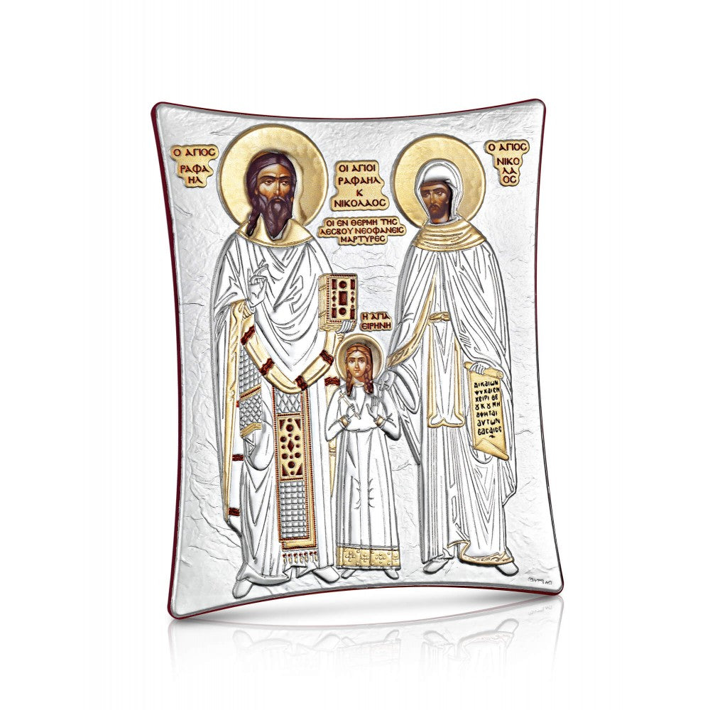 Saints Raphael, Nicholas & Irene sterling silver 925 Orthodox icon, gold-plated Byzantine, handmade in Greece