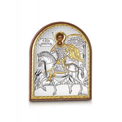 Saint Demetrius miniature sterling silver 925 Orthodox icon, gold-plated Byzantine, handmade in Greece