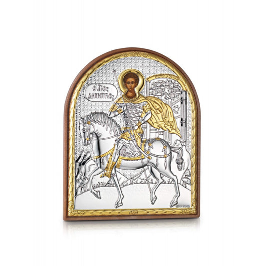 Saint Demetrius miniature sterling silver 925 Orthodox icon, gold-plated Byzantine, handmade in Greece