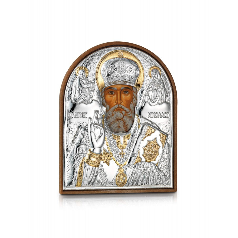 Saint Nicholas miniature sterling silver 925 Orthodox icon, gold-plated Byzantine, handmade in Greece
