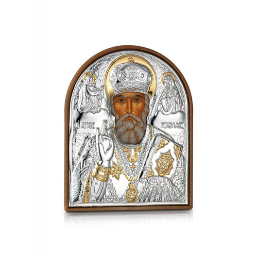 Saint Nicholas miniature sterling silver 925 Orthodox icon, gold-plated Byzantine, handmade in Greece
