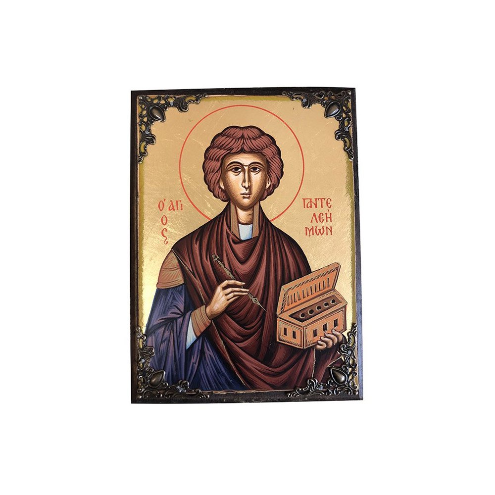 Saint Panteleimon Greek Orthodox serigraphy icon on wood with metal corners - TheHolyArt