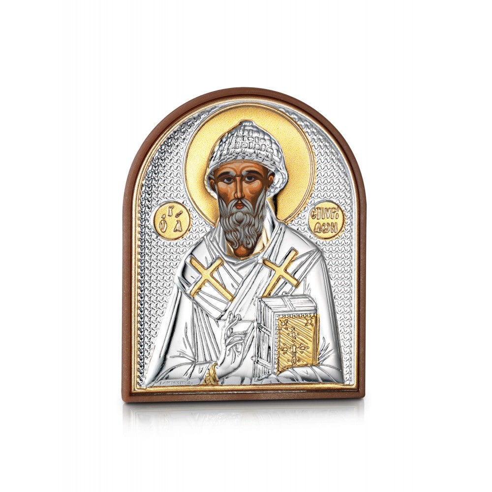 Saint Spyridon miniature sterling silver 925 Orthodox icon, gold-plated Byzantine, handmade in Greece