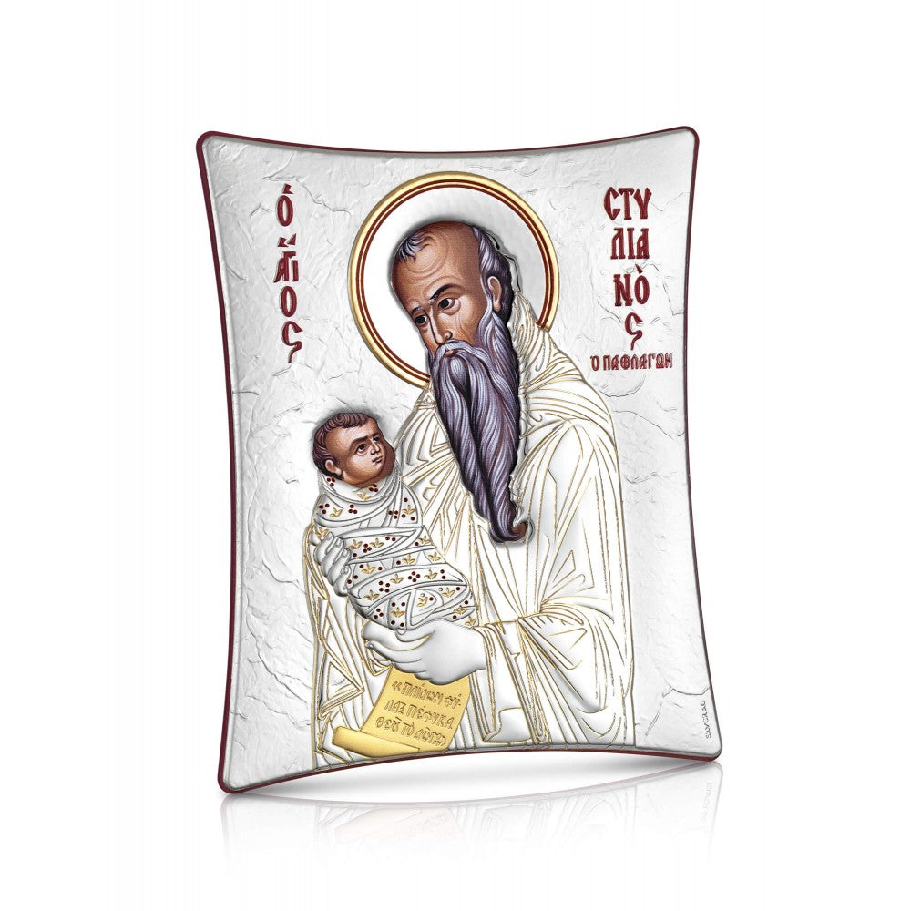Saint Stylianos sterling silver 925 Orthodox icon, gold-plated Byzantine, handmade in Greece