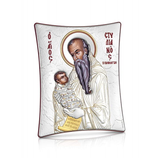 Saint Stylianos sterling silver 925 Orthodox icon, gold-plated Byzantine, handmade in Greece