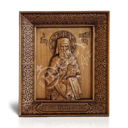 Saint Nectarios icon, Handmade Hand Carved Wooden Greek Orthodox icon of St Nektarios, Byzantine art wall hanging on wood plaque icon, religious decor - TheHolyArt