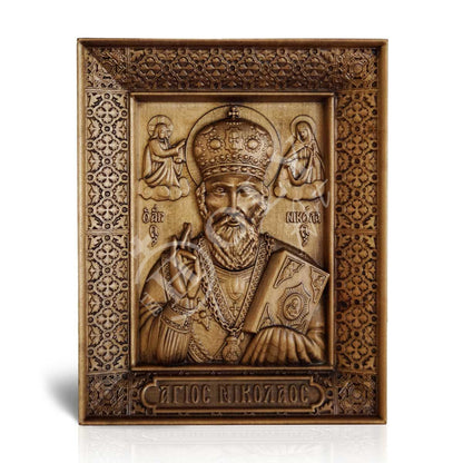 Saint Nicholas icon, Handmade Christian Greek Orthodox icon of St Nick, Hand Carved Byzantine art wall hanging icon on wood plaque, religious gift - TheHolyArt