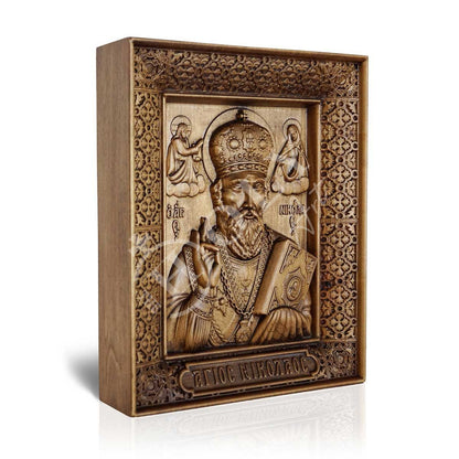 Saint Nicholas icon, Handmade Christian Greek Orthodox icon of St Nick, Hand Carved Byzantine art wall hanging icon on wood plaque, religious gift - TheHolyArt