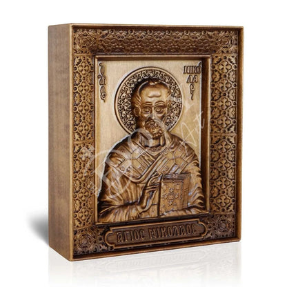 Saint Nicholas icon, Handmade Hand Carved Wooden Christian Greek Orthodox icon of St Nick, Hand Carved Byzantine art wall hanging icon on wood plaque, religious gift (TH2) - TheHolyArt