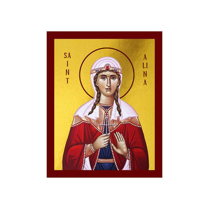 Saint Alina icon, Handmade Greek Orthodox Catholic icon of St Alena the Virgin Martyr, Byzantine art wall hanging wood plaque, religious decor