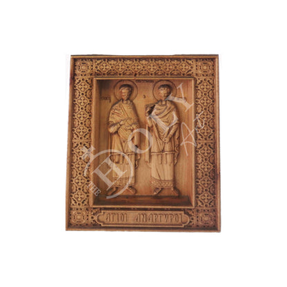 Saint Cosmas and Damian icon, Handmade Hand Carved Wooden Greek Orthodox Icon of Agioi Anargyroi, Byzantine art wall hanging plaque Patron Saints of Medicine - TheHolyArt