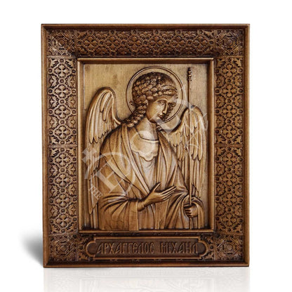 Archangel Michael icon, Handmade Greek Orthodox icon of St Michael, Hand Carved Byzantine art wall hanging on wood plaque religious icon, religious gift - TheHolyArt