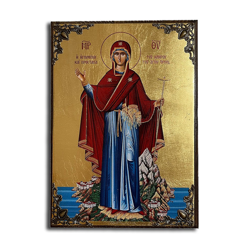 Virgin Mary Guardian of Mount Athos Greek Orthodox serigraphy icon on wood with metal corners - TheHolyArt