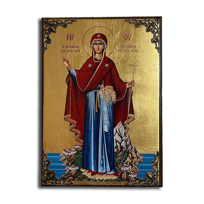Virgin Mary Guardian of Mount Athos Greek Orthodox serigraphy icon on wood with metal corners - TheHolyArt