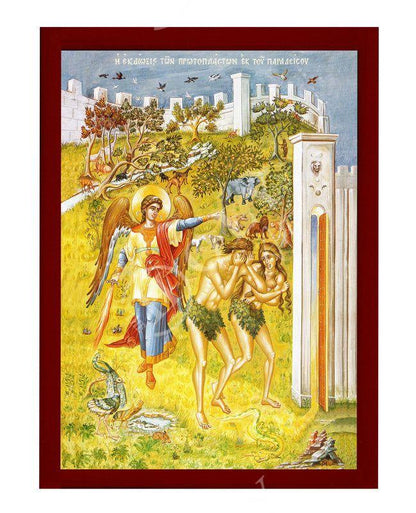 The Fall of Adam & Eve icon, Handmade Greek Orthodox icon Adam Eve sent out of Garden Byzantine religious art wall hanging on wood plaque - TheHolyArt