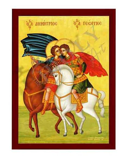 Saint George & Saint Demetrius icon, Handmade Greek Orthodox icon of St George, Byzantine art wall hanging icon wood plaque, religious decor - TheHolyArt