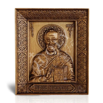 Saint Nicholas icon, Handmade Hand Carved Wooden Christian Greek Orthodox icon of St Nick, Hand Carved Byzantine art wall hanging icon on wood plaque, religious gift (TH2) - TheHolyArt