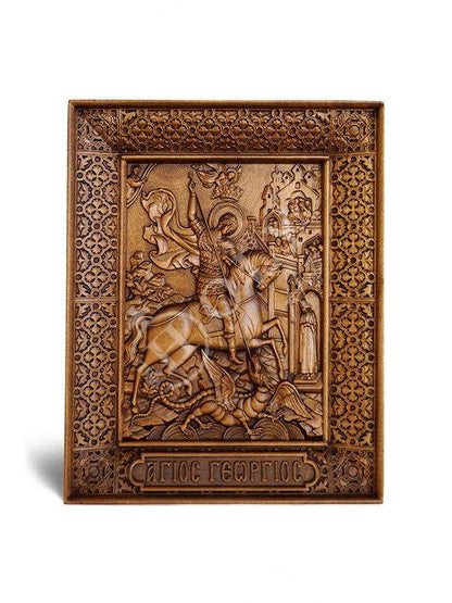 Saint George icon, Handmade Greek Orthodox icon of St George Protector of Infantry, Hand Carved Byzantine art wall hanging icon wood plaque decor - TheHolyArt