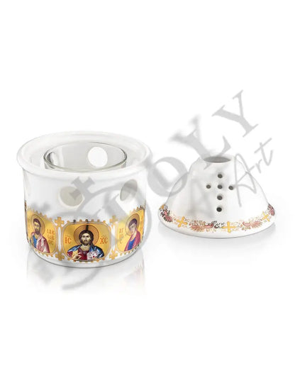 Christian Ceramic Handmade Altar Oil Vigil Lamp with Cross, Gold Printed Prayer Standing Table Oil Lamp Orthodox Oil Candle religious decor - TheHolyArt