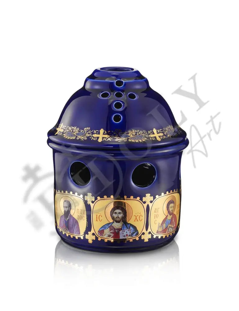 Christian Ceramic Handmade Altar Oil Vigil Lamp with Cross, Gold Printed Prayer Standing Table Oil Lamp Orthodox Oil Candle w/ glass cup religious decor TheHolyArt