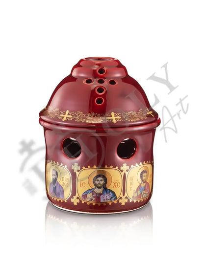 Christian Ceramic Handmade Altar Oil Vigil Lamp with Cross, Gold Printed Prayer Standing Table Oil Lamp Orthodox Oil Candle w/ glass cup religious decor TheHolyArt