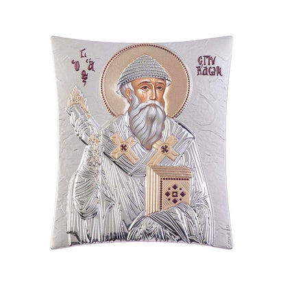 Saint Spyridon icon, Handmade Silver 925 Greek Orthodox icon of St Spyridon Trimythous, Byzantine art wall hanging on wood religious plaque - TheHolyArt