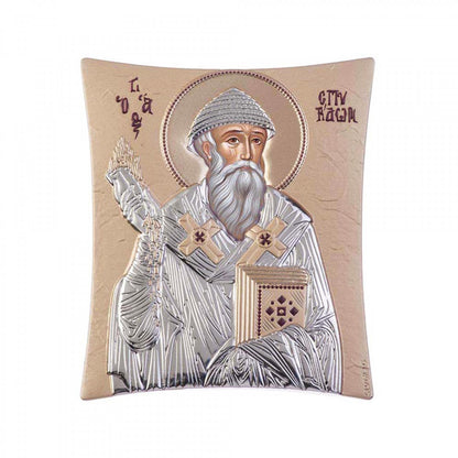 Saint Spyridon icon, Handmade Silver 925 Greek Orthodox icon of St Spyridon Trimythous, Byzantine art wall hanging on wood religious plaque - TheHolyArt