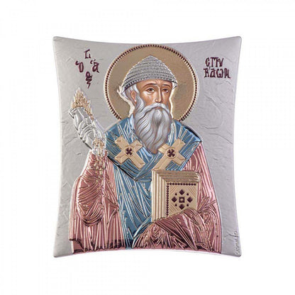 Saint Spyridon icon, Handmade Silver 925 Greek Orthodox icon of St Spyridon Trimythous, Byzantine art wall hanging on wood religious plaque - TheHolyArt
