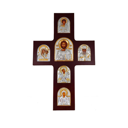 Jesus Christ icon, The Cross w Virgin Mary Archangel Michael St Nicholas St Matrona Handmade Silver 999 Greek Orthodox icon of Our Lord, Byzantine art wall hanging on wood plaque religious icon decor gift - TheHolyArt