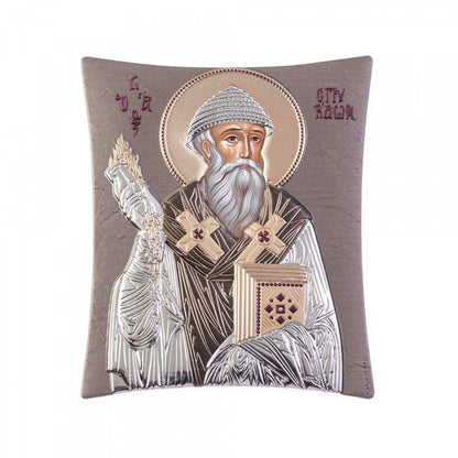 Saint Spyridon icon, Handmade Silver 925 Greek Orthodox icon of St Spyridon Trimythous, Byzantine art wall hanging on wood religious plaque - TheHolyArt