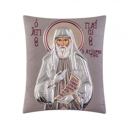 Saint Paisios of Mount Athos icon, Handmade Silver 925 Greek Orthodox icon of St Paisios, Byzantine art wall hanging on wood religious plaque - TheHolyArt